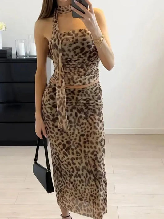 Women's tulle leopard print top shoulder straight neck and leopard print straight skirt summer casual girls two-piece set