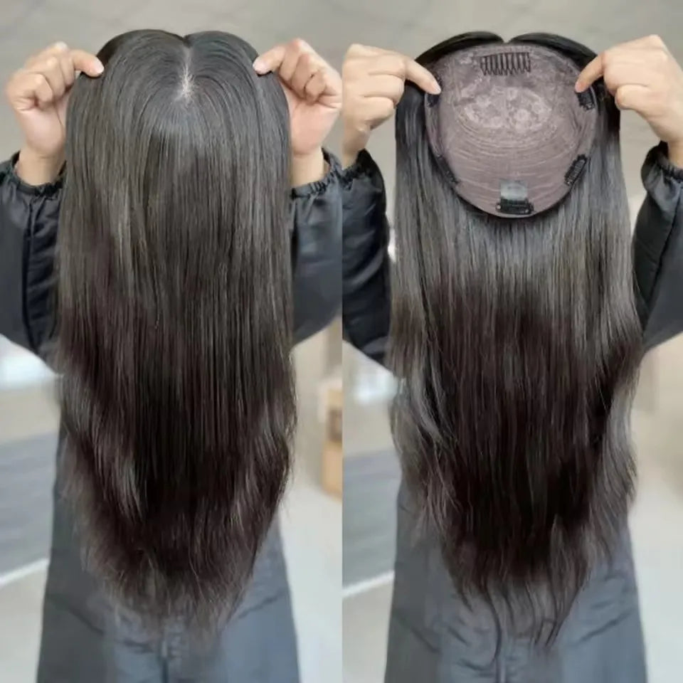 Jewish Topper Full Virgin European Hair 8x8'' Silk Base Natural Scalp Medium Brown Same Length Sheitels Silk Top Kosher Wig