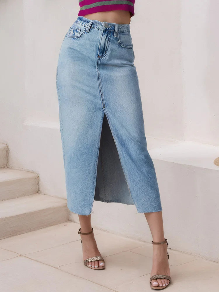 Long Slit Denim Skirts For Women High Waist A Line Maxi Denim Skirt With Slit Summer Midi Blue Jeans Skirts For Woman Long 2025