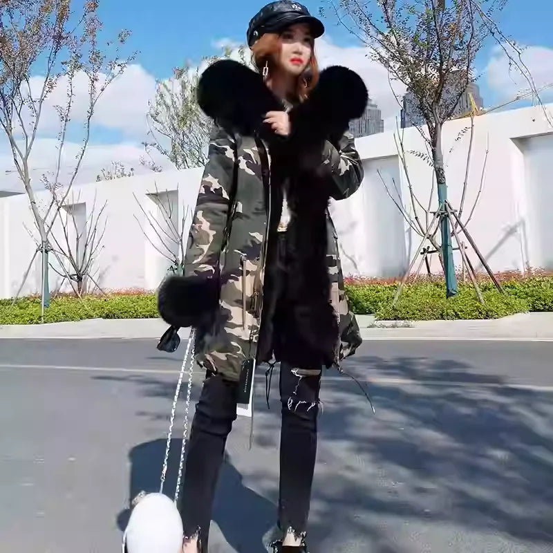 MaoMaoKong Natural Real Fox Fur Jacket Hooded Black Waterproof Woman Winter Warm Coat Parkas Luxury Jacket Female Clothing