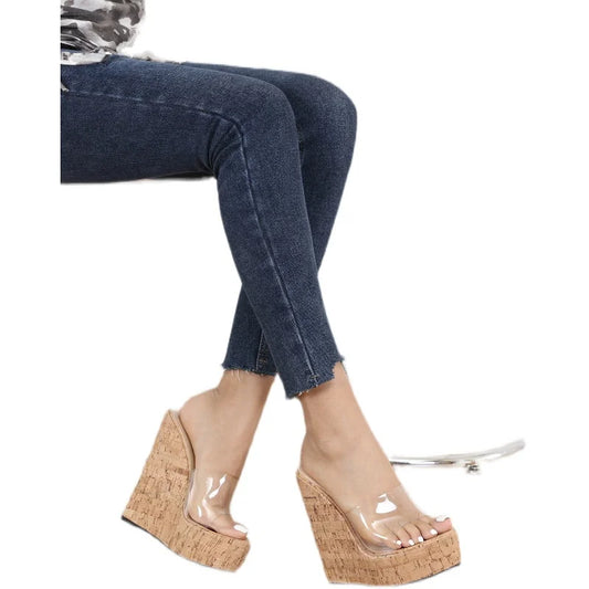 New PVC Transparent Open Toe Platform High Heels Sexy Slippers Fashion Wooden Thick Bottom Wedges Shoes For Women Sandals
