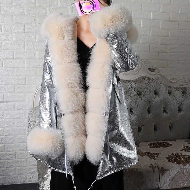 Maomaokong Winter Women Luxur Beige Fur Coat Natural Real Fox Fur Waterproof Jacket Hooded Thick Warm Fashion Long Black Parkas