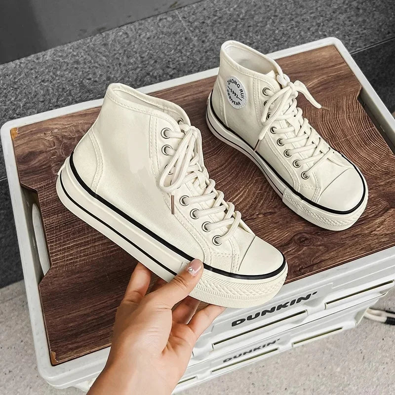 High-Top Round-Toe Low-Profile Canvas Shoes Women's Spring Summer New Style Breathable Thin-Material Flat Heel Board Shoes