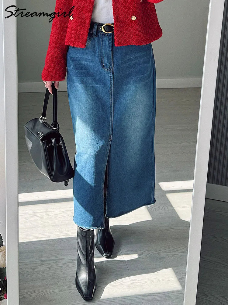 Long Slit Denim Skirts For Women High Waist A Line Maxi Denim Skirt With Slit Summer Midi Blue Jeans Skirts For Woman Long 2025