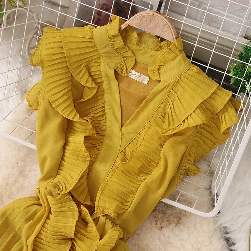 Sweet Ruffles Skinny Dresses Spring Casual Sleeveless V-neck Elastic High Waist Pleated Femme Vestidos Chic Solid Colours Dress