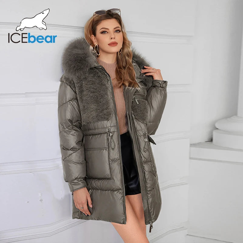 ICEbear 2024 Solid Color Fashion Women's Parka Natural Fur Collar Cropped Slim Casual Hooded Warm Down Jacket GWD4501I