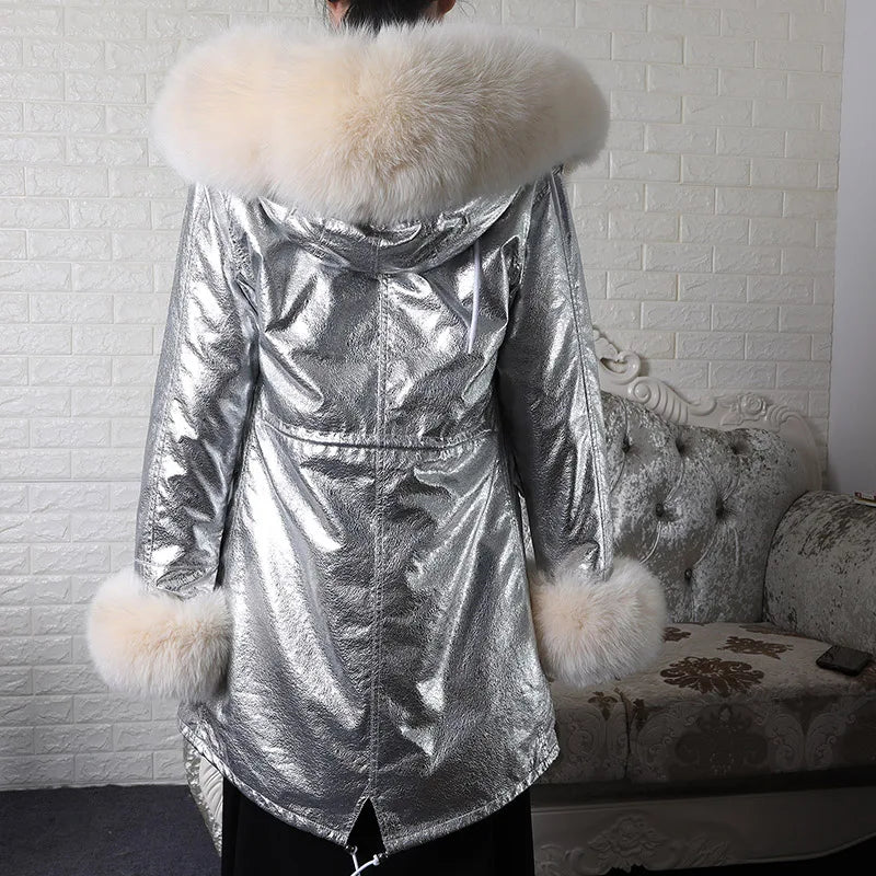 Maomaokong Winter Women Luxur Beige Fur Coat Natural Real Fox Fur Waterproof Jacket Hooded Thick Warm Fashion Long Black Parkas