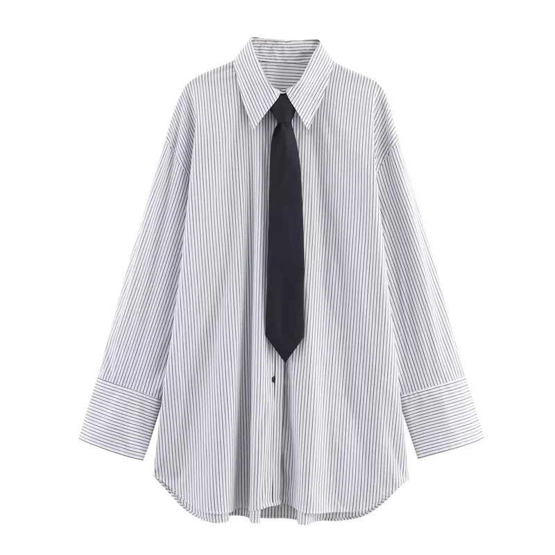 Ladies' shirt  new style  loose plus size  wearing tie  silk striped shirt  women's casual comfortable top