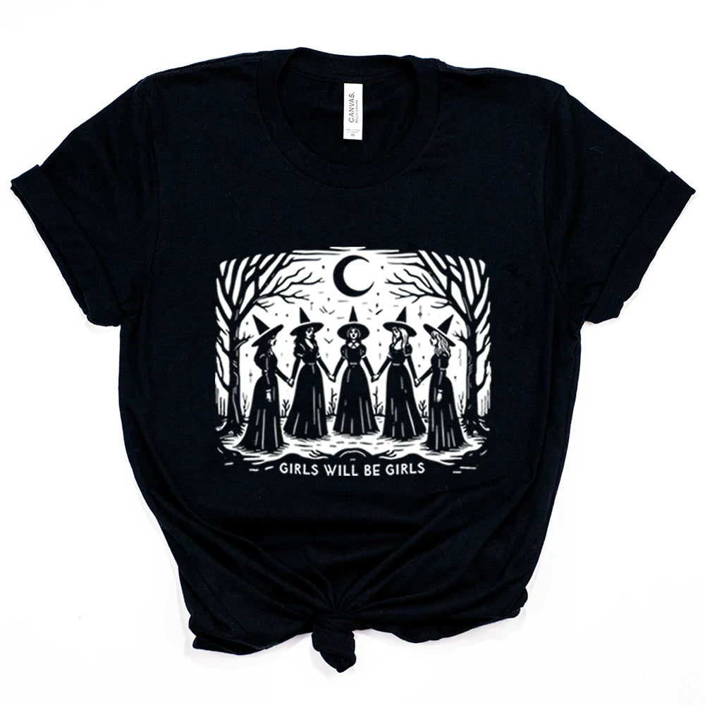 Halloween Witch Shirt Vintage Girls Will Be Girls Witch T-Shirt Women Feminist Tee Ironic Aesthetic Shirts Spooky Season Tops