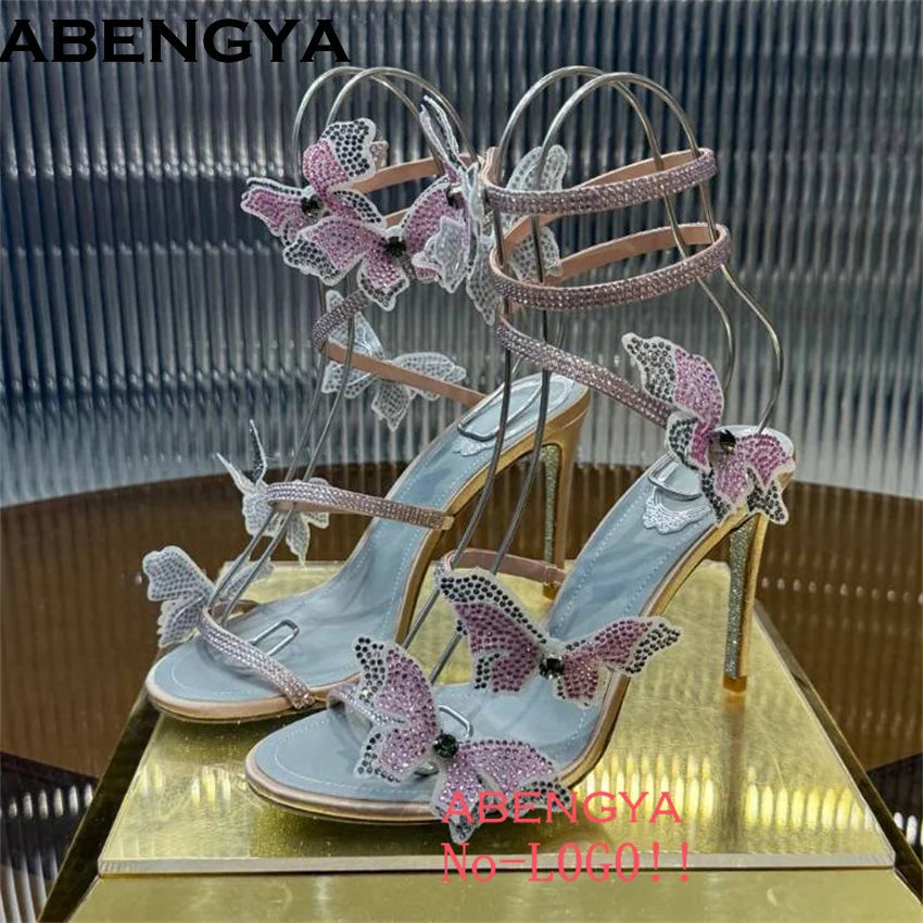 2025 Summer High Heels Sandals Women Crystal Flower Snake Strap Stilettos Party Shoes Shinny Female Sandalias Mujer