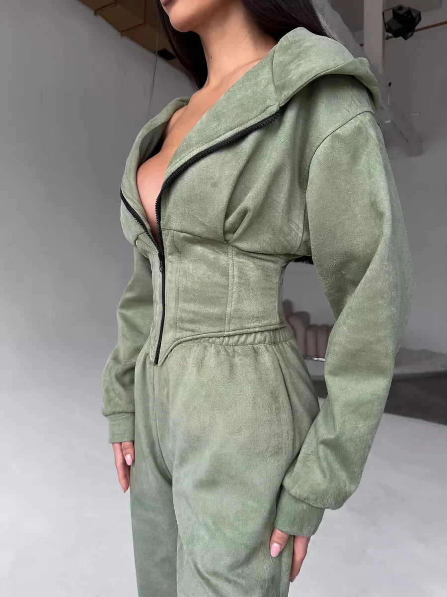 Zekye Women's Autumn Solid Color Waist-Cinched Hooded Sweatshirt Long Pants 2-Piece Sporty Casual Set Women's Tracksuit Elegant