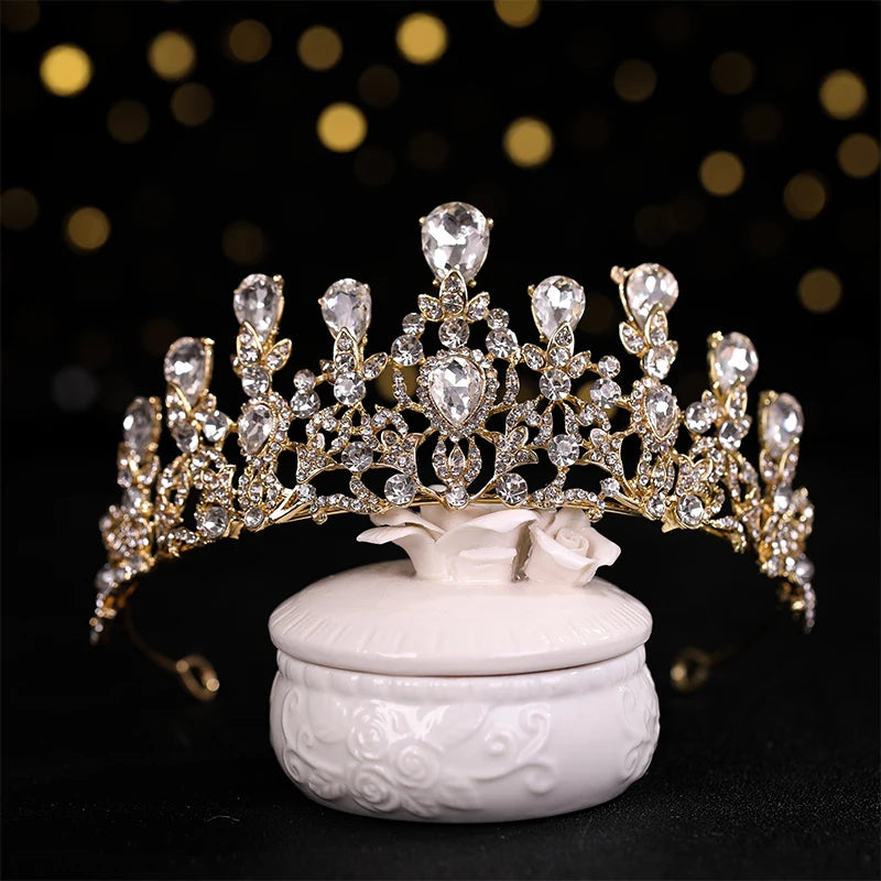 Wedding Hair Tiara Crystal Bridal Tiara Crown Wedding Hair Accessories Headpieces Head Jewelry Gold Color Diadem Veil Tiaras