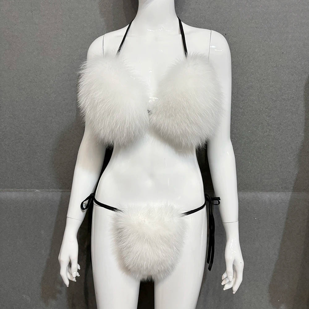 YOLOAgain Women Solid Natural Fox Fur Sexy Bikini Set Bra Detachable