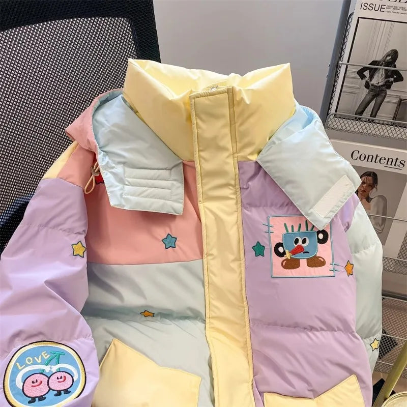 Macaron Cartoon Cotton-Padded Jacket Winter Contrast Color Bread Clothes Fashion Y2k Korean Casual Hooded Loose Thick Coat Women