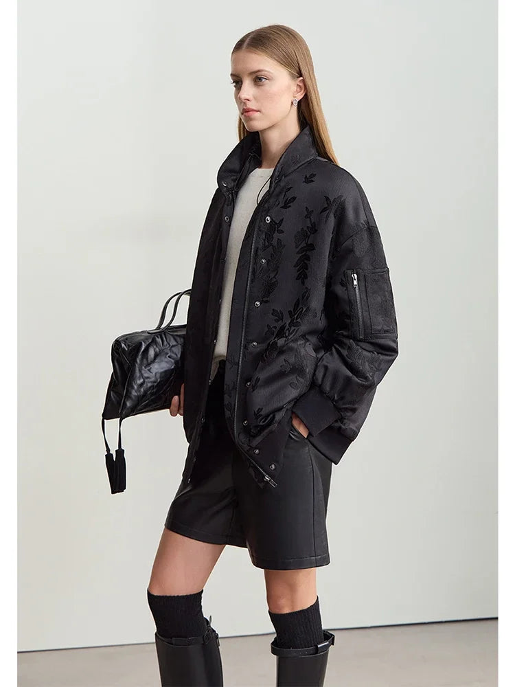 Amii Double Neck Down Sleeve Jacquard Solid Baseball Jacket Thickened Parkas 2025 Winter Women's Casual Loose Coats 12444198