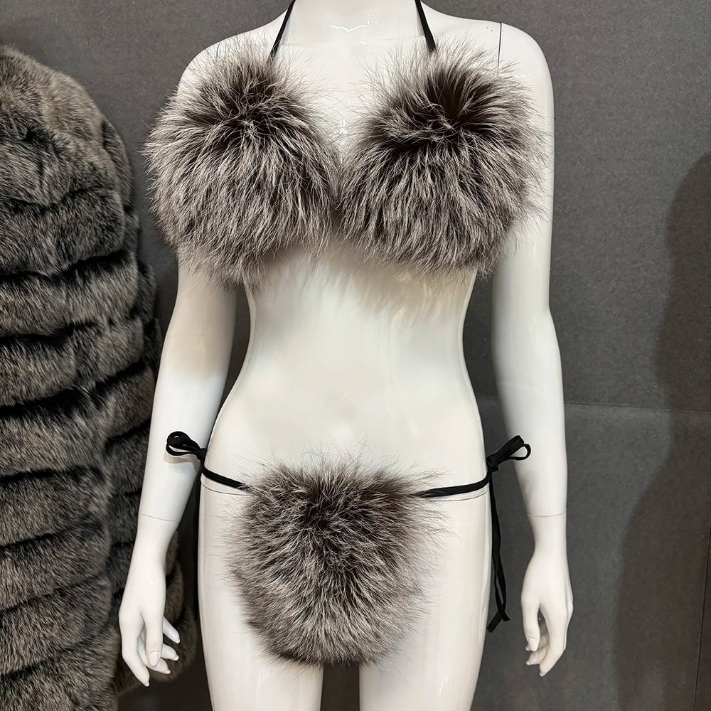 YOLOAgain Women Solid Natural Fox Fur Sexy Bikini Set Bra Detachable