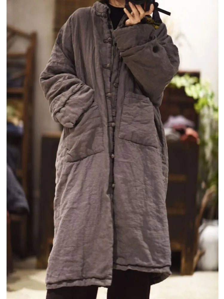 Johnature Women Linen Vintage Winter Parkas Button Coats Pockets Stand Long Sleeve 2025 Chinese Style Women Clothes Long Parkas