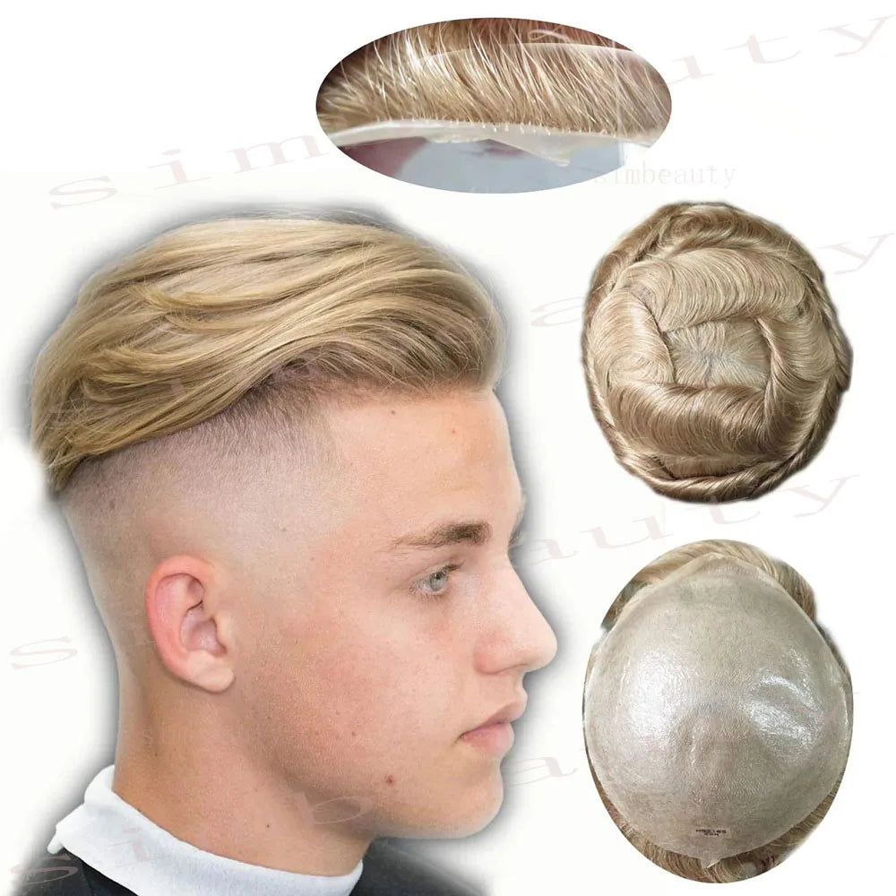 80%Density 0.02mm HD Poly Thin Skin Grey 220# 610# Invisible Natural Hairline Blonde Men Toupee Full Vioop Human Hair Prosthesis