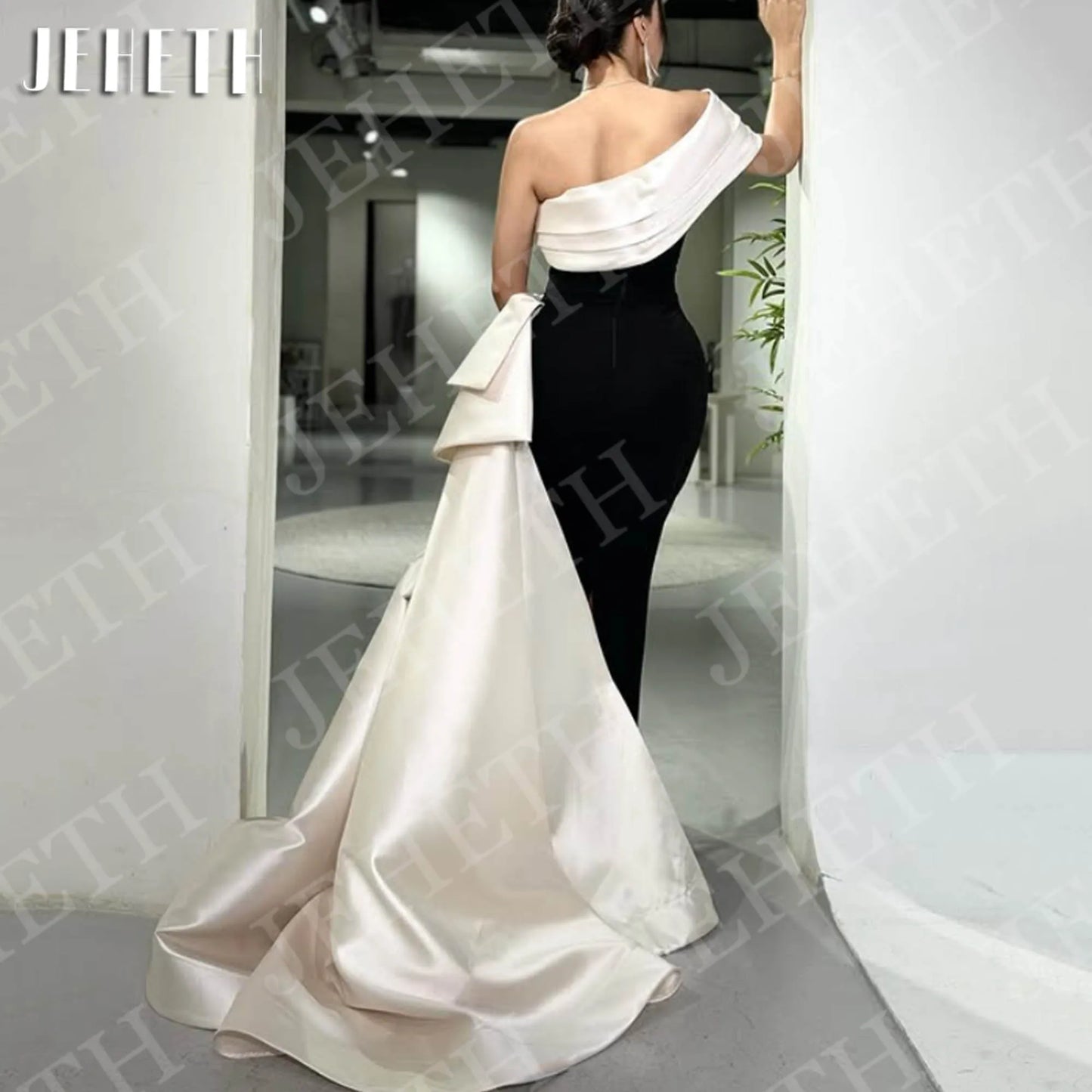 JEHETH Black and White Evening Dress Formal Elegant Saudi Arabia One Shoulder Mermaid Party Dresses Women Customized فساتين سهرة