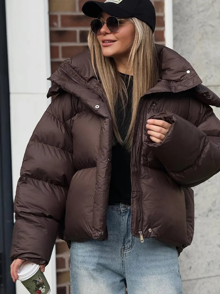 Deep Brown Short Cotton Coat Women Casual Lapel Full Sleeve Single Breasted Loose Jacket Lady 2025 Winter Office Commute Outwear