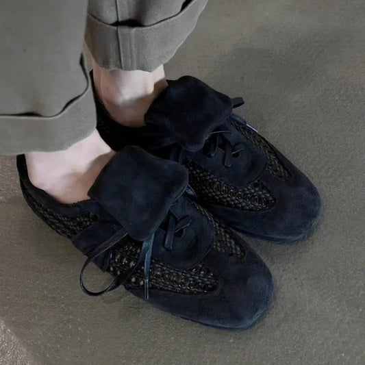 Women's Soft Sole Soft Sneaker Fall New Round Toe Deep Mouth Suede Open Toe Front Lace-Up Non-Slip Flats