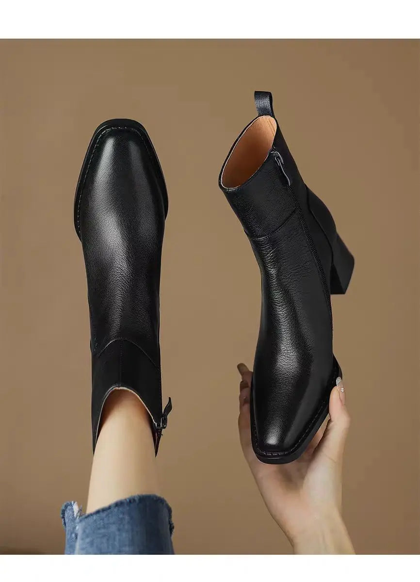 Leather thick heel autumn and winter new short boots, fashionable and trendy zipper mid heel retro short boots