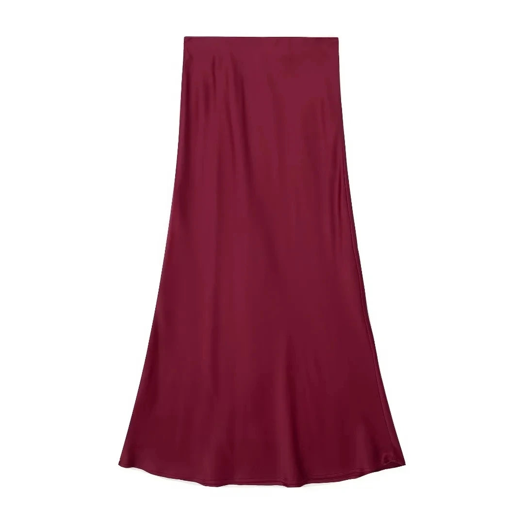 HH 2024 Y2K Casual Women Long Skirt Spring Elastic High Waisted A-Line Casual Female Satin Skirts High Street Lady Skirts