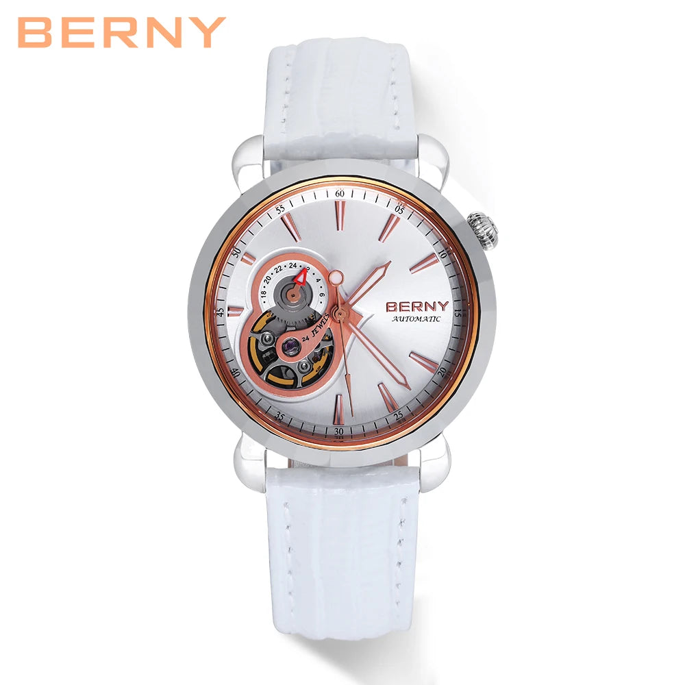 BERNY Women Watch Sapphire Glass Tungsten Steel 24 Diamonds Brown Waterproof Ladies BERNY NH39 Automatic Movement Zegarek Damski