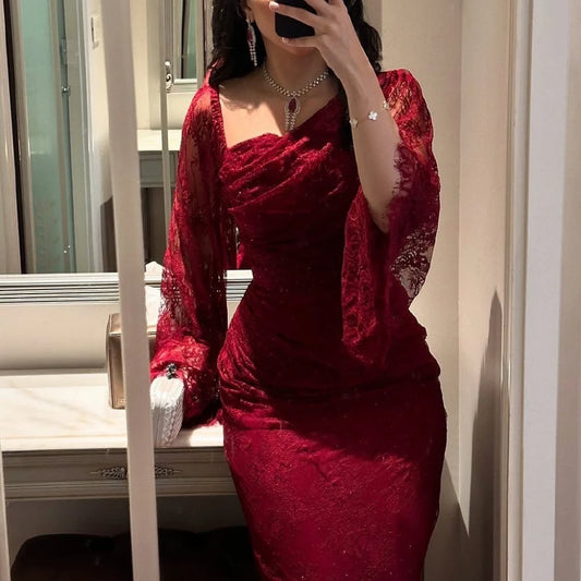 Burgundy Lace Daily Party Prom Gown Hot Sale Sexy Shimmering Evening Dress Illusion Long Sleeves Elegant Women Cocktail Wear