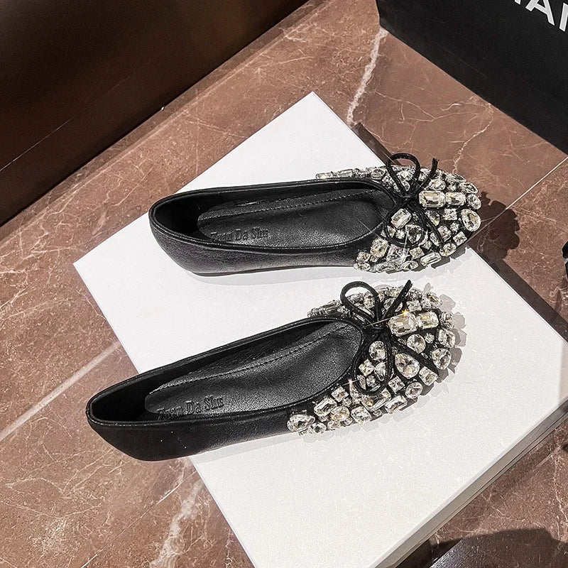 Luxury Designer Woman Rhinestone Flats Ballet Gold/Silver Bowtie Loafers Femmes Shallow Slip On Ballerinas Brides Wedding Shoes