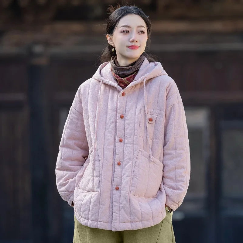 Johnature Women Hooded Ramie Cotton Parkas Solid Color Button Coats 2025 Winter Chinese Style Warm Plus Cotton Pockets Parkas