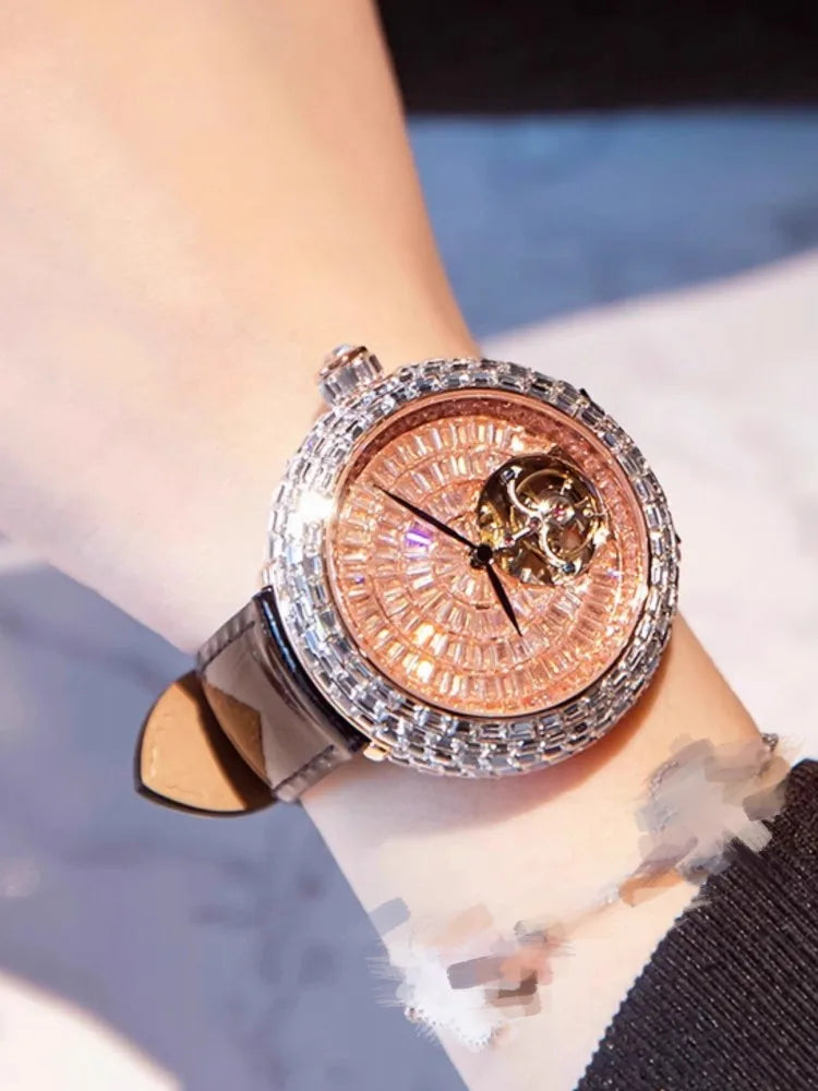 Ladies Fashion Mechanical Watch Designer New Elegant Luxury Diamonds Genuine Leather Strap Needle Buckle Women Fine Wristwatch