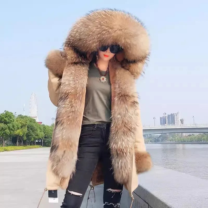 MaoMaoKong Natural Real Fox Fur Jacket Hooded Black Waterproof Woman Winter Warm Coat Parkas Luxury Jacket Female Clothing