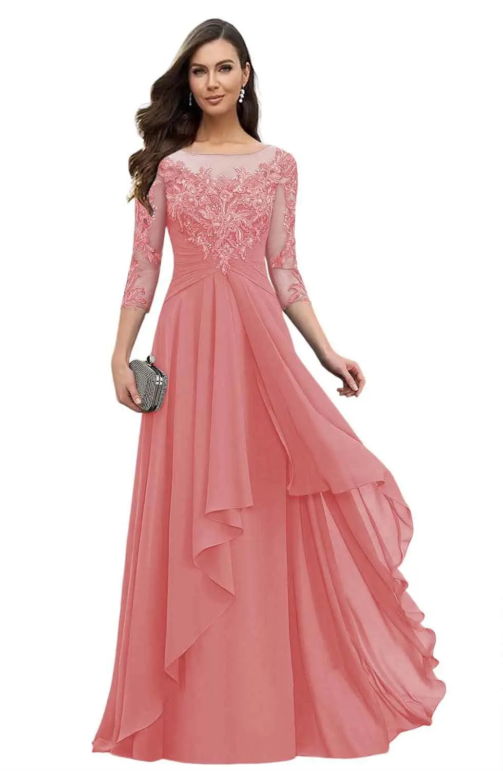 Women's Elegant Lace Mother of The Bride Dresses Scoop Neck Chiffon Ruffles Formal Evening Gowns A-Line Wedding Guest Gowns