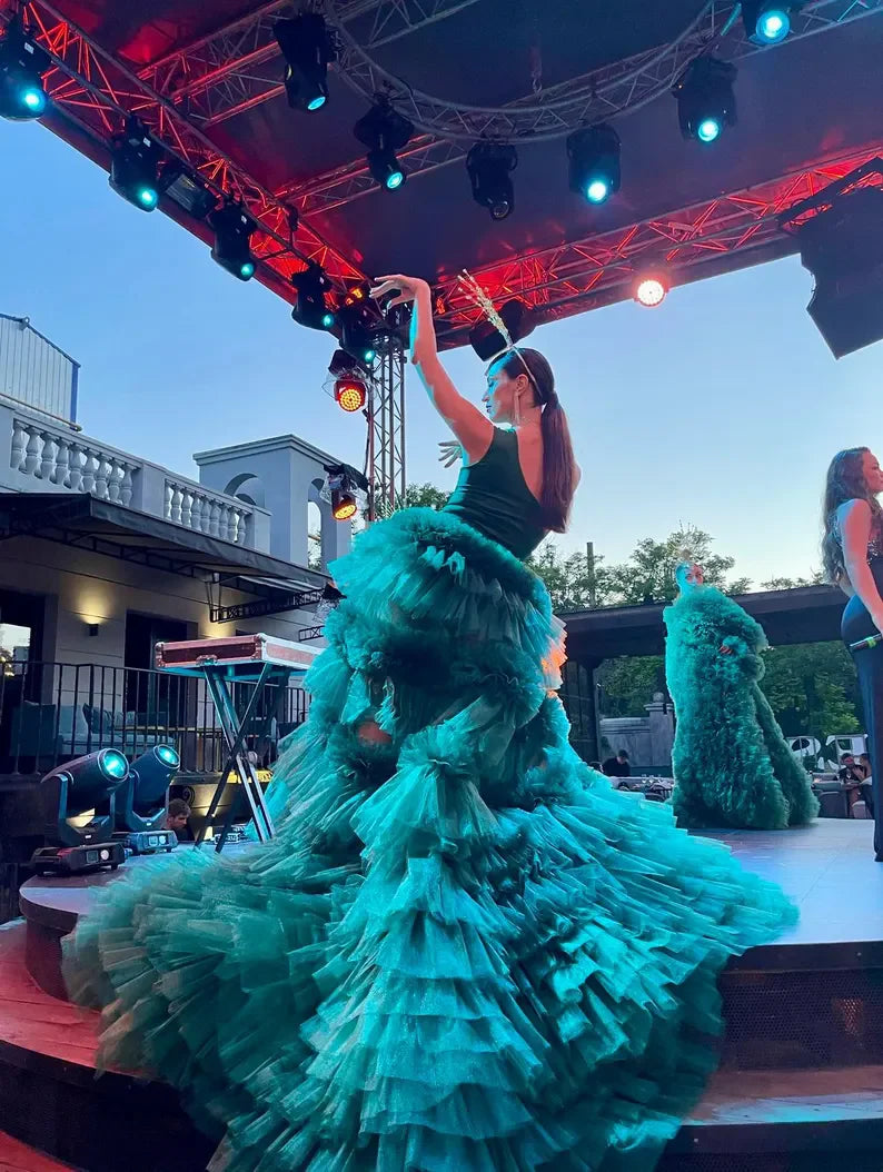 Handmade A-line Long Ruffles Trimmed Tulle Skirt Women Maxi Skirt Dramatic Dance Show Performance Skirt