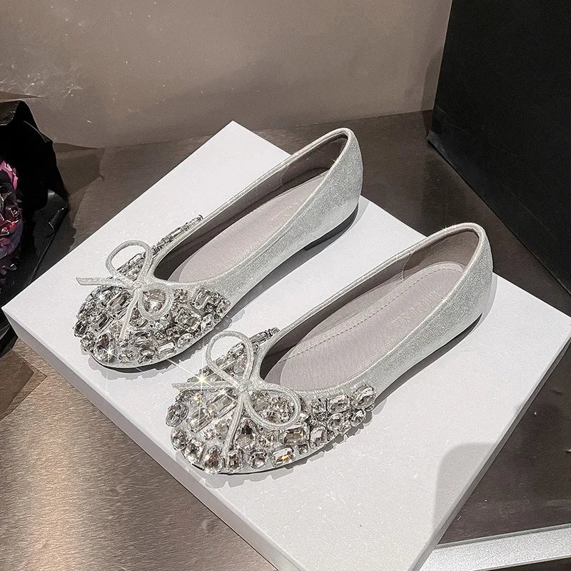 Luxury Designer Woman Rhinestone Flats Ballet Gold/Silver Bowtie Loafers Femmes Shallow Slip On Ballerinas Brides Wedding Shoes