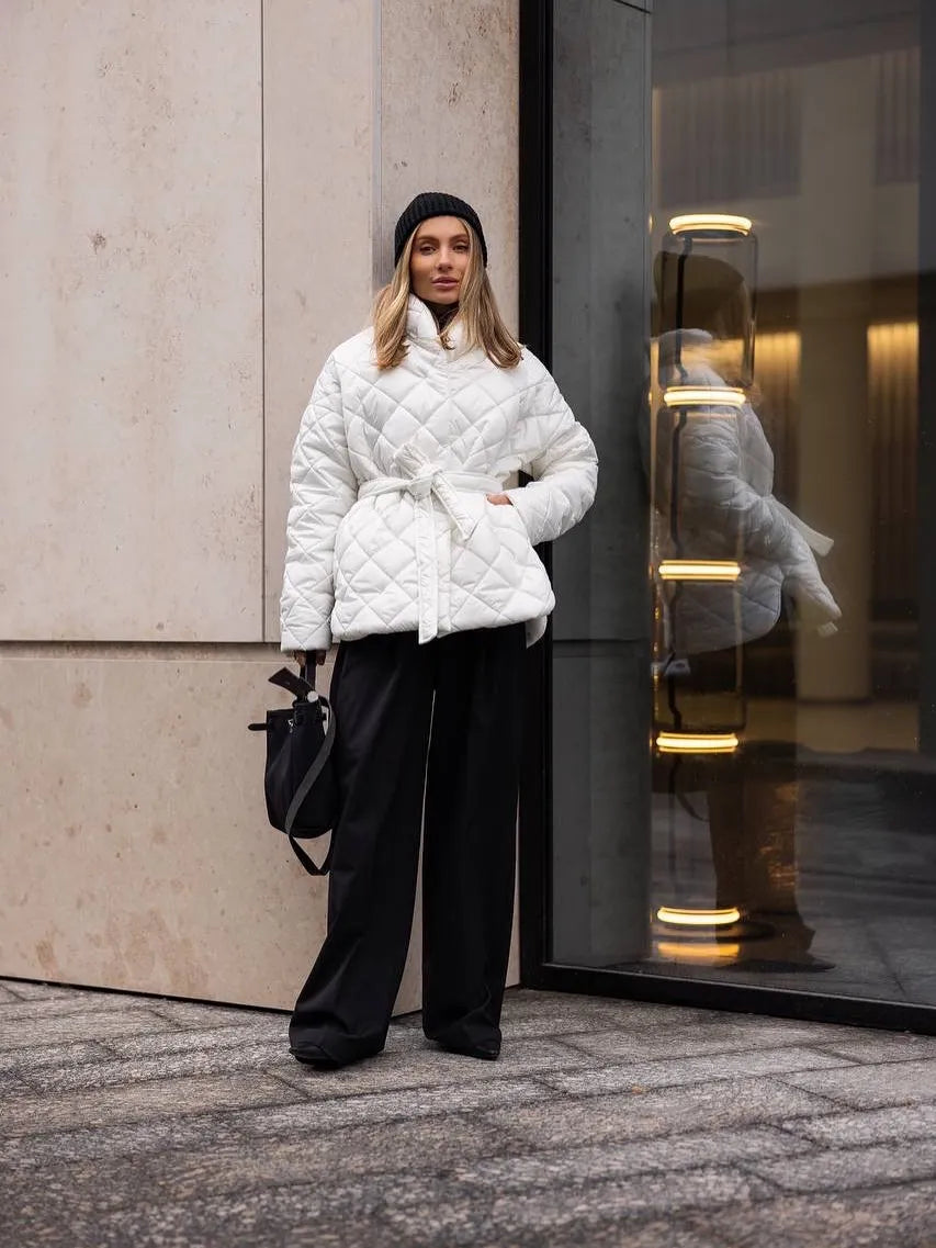 Lace Up Cotton Coat Lady Fashion Casual Stand Collar V-neck Full Sleeve Loose Outerwears Women Winter Daily Commute Street Coats