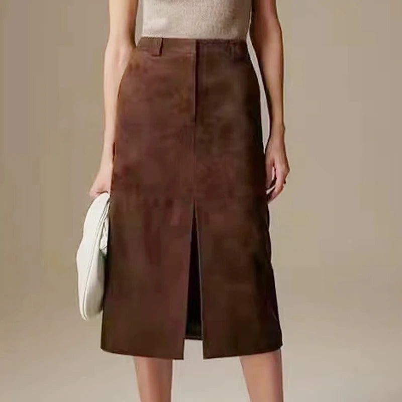 High Grade Kid Suede Leather Skirt For Women  Winter New Old Money Upgraded Imported Suede Jupe Front Split Waist Loop Faldas