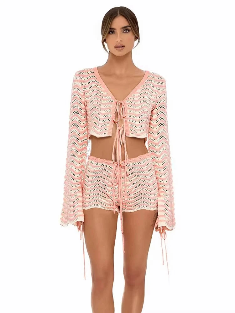 2025 Summer Sexy V-neck Lace-up Bell Sleeve Knit Short Top Shorts Two Piece Women Boho Striped Beach Swimsuit Cover Up Sets K195