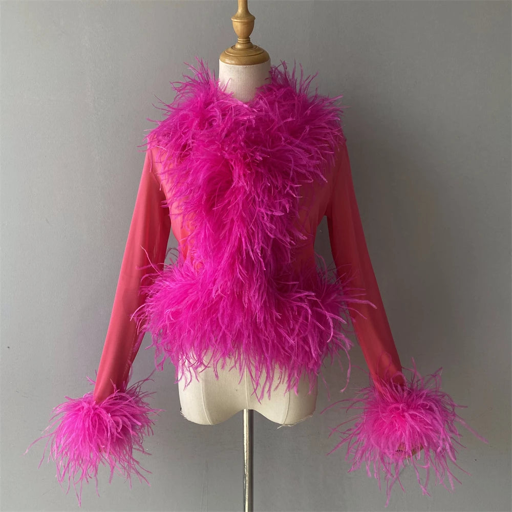 Jxwatcher Women's Sexy Mesh Feather Tops Spring Summer Ladies Vintage Celebrity Real Ostrich Feather Coat Fashion Party Wear New