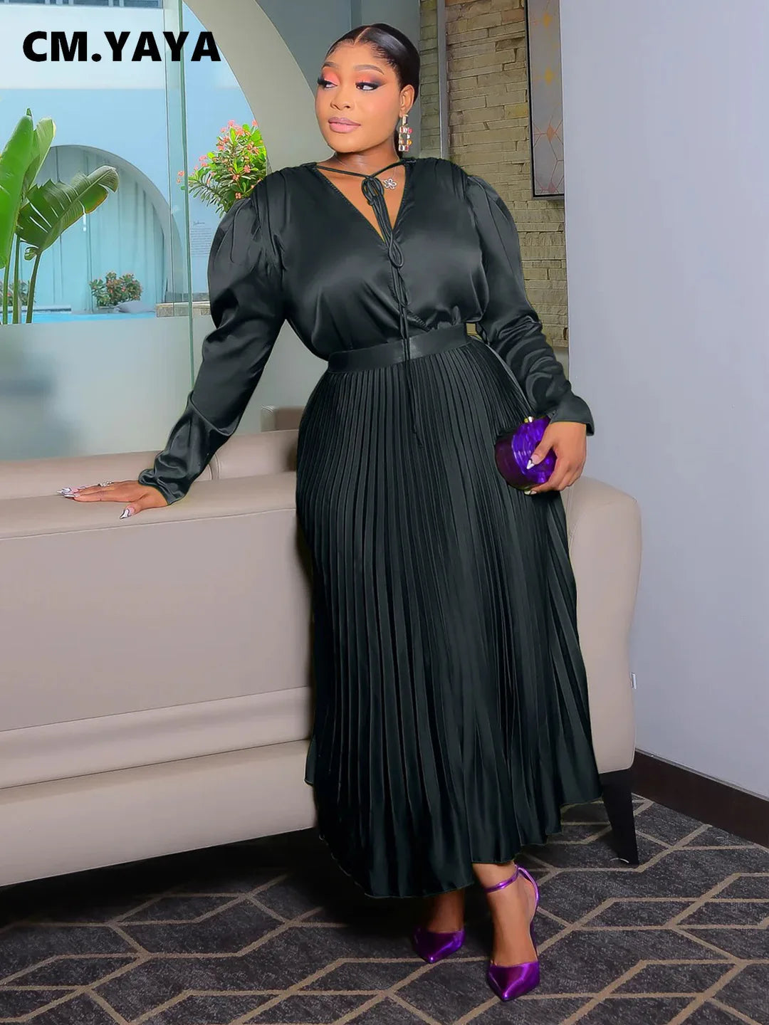 CM.YAYA Plus Size Women's Dress Set Long Sleeve V-neck Blouse and Pleated Maxi Long Skirts Suit Birthday Two 2 Piece Set Outfits