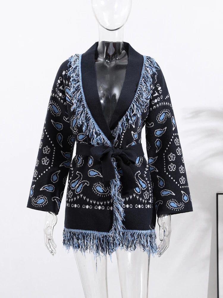 Fashion Lace Up Floral Tassel Patchwork Sweater For Women Elegant Long Sleeve Belt Knitted Cardigan Jacket Lady Chic Street Tops