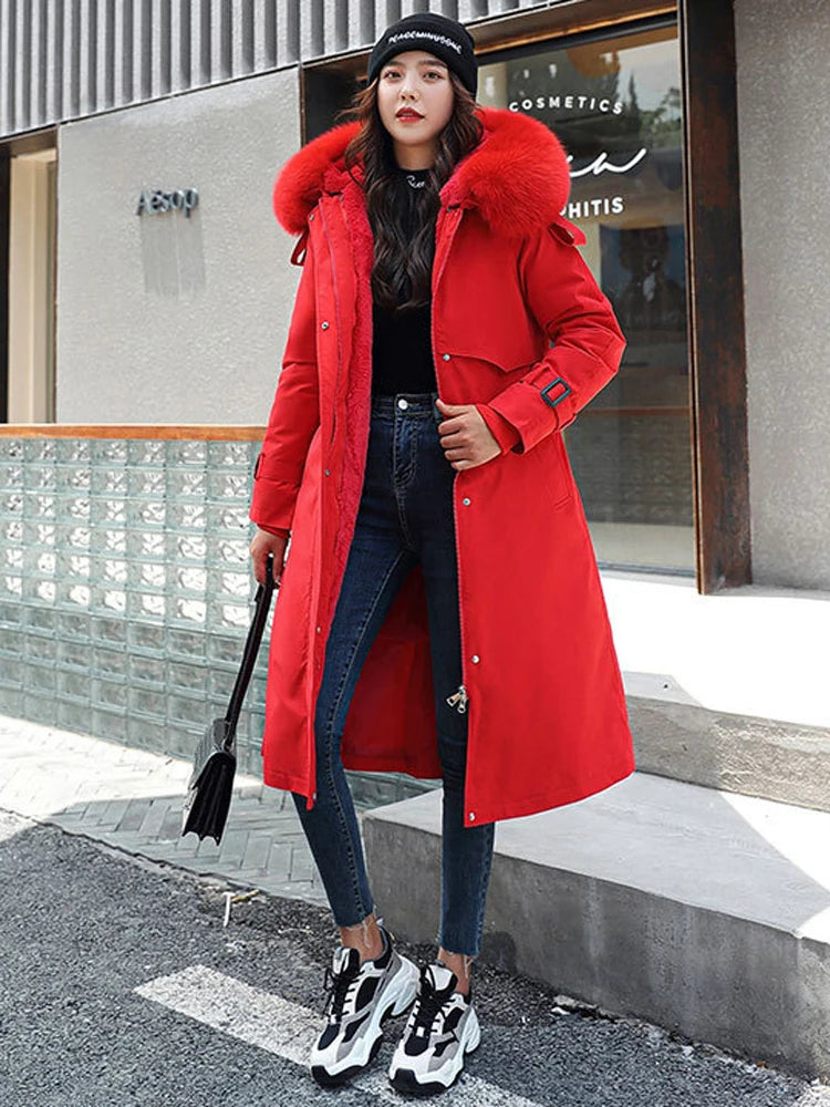 Women Winter Jacket Hooded X-Long Thick Faux Fur Padded Parkas Woman Distachable Plus Size Coat kurtka puchowa damska z futrem