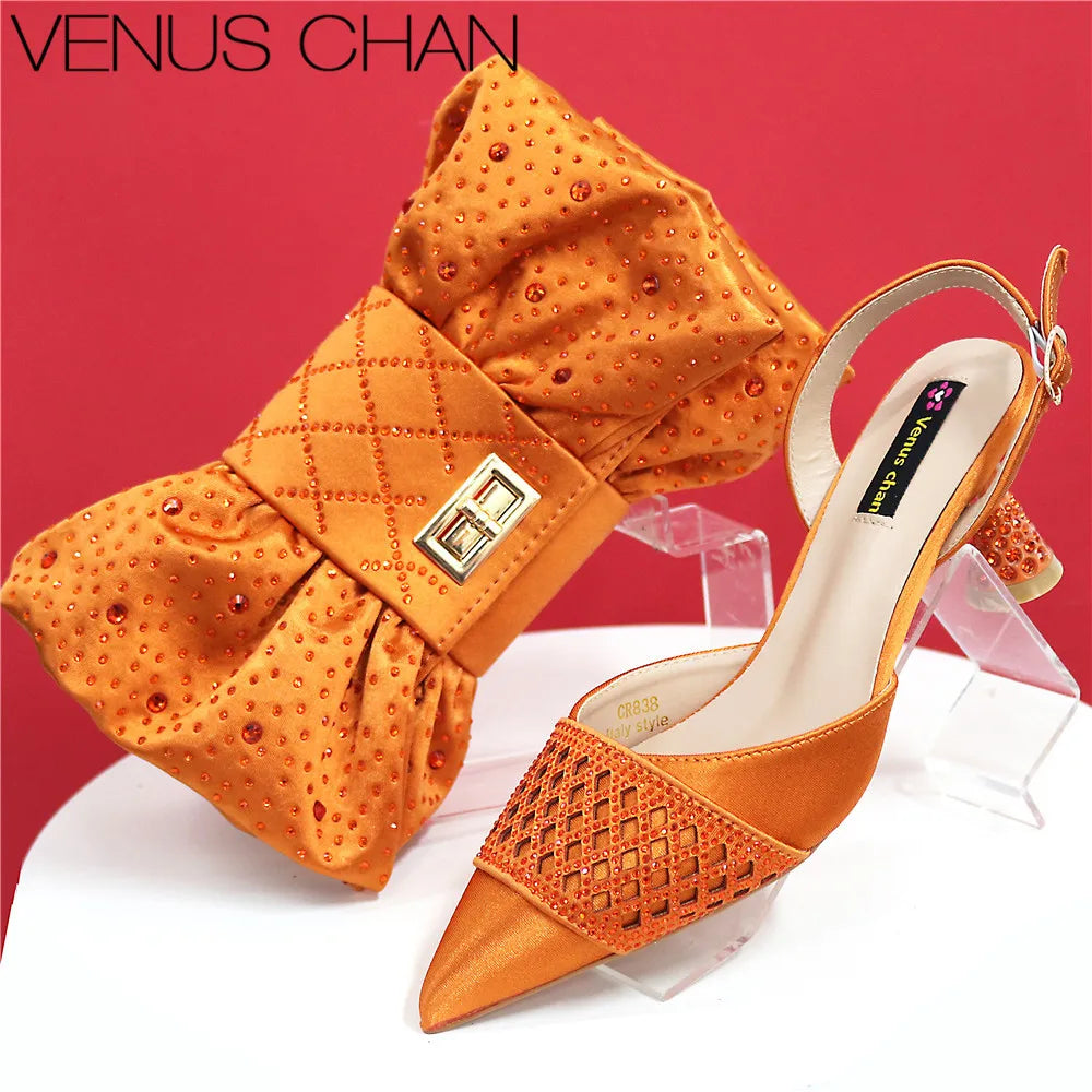 High Quality 2025 Italian Design Embossed Varnish Style Big Diamond Decoration Classic Noble Women Shoes and Bag Set
