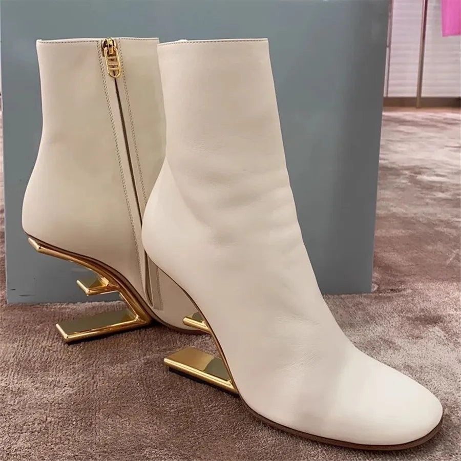 2025 New White Women Letter Strange High Heel Boots Black Wedge Shoes Autumn Winter Leather Short Botas Femininas Ladies Wedges