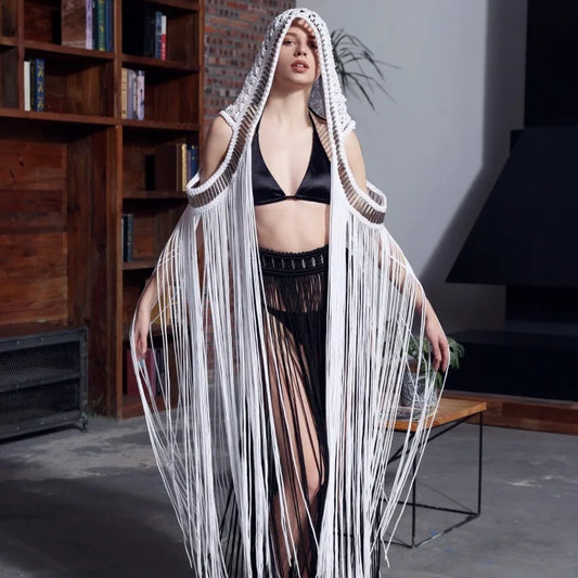 Leosoxs Handmade Crochet Knitted Cover Ups Sleeveless Women Long Cloak 2024 Summer Holiday Beachwear Sexy Solid Tassel Outfits