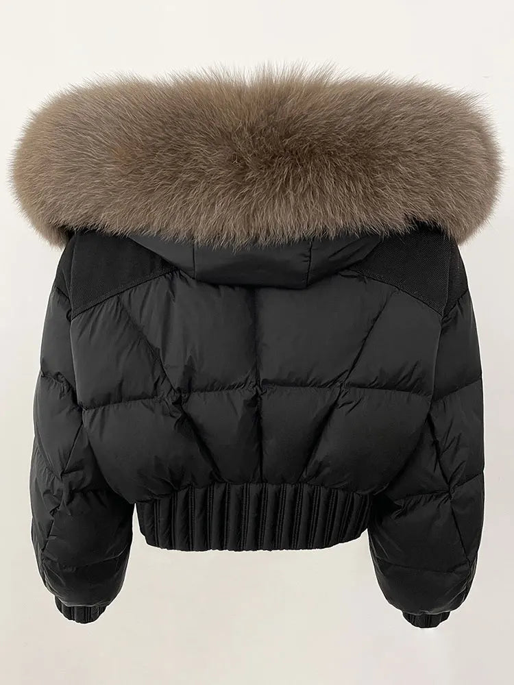 CXFS 2025 Winter Jacket Women Short Natural Real Raccoon Fox Fur Collar Hooded White Duck Down Coat Thick Warm Casual Outerwear