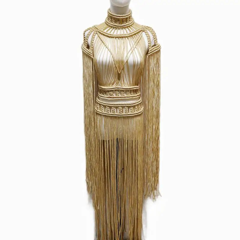 Tassel Hand Crochet Knitted Women Bikini Cover Ups 2023 Summer Holiday Beach Bathing Suit Sexy Hollow Out Skirts Matching Set