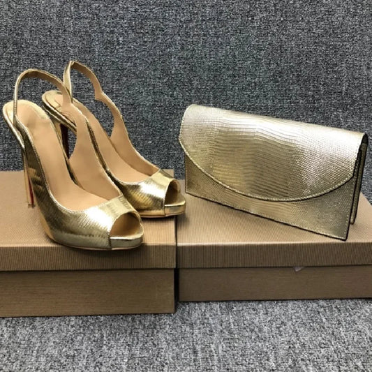 Gold Platform Stiletto High Heels Pumps Sandals Women's Shoes Set Clutch Shoulder Bag Banquet Wedding Slingback Zapatos De Mujer