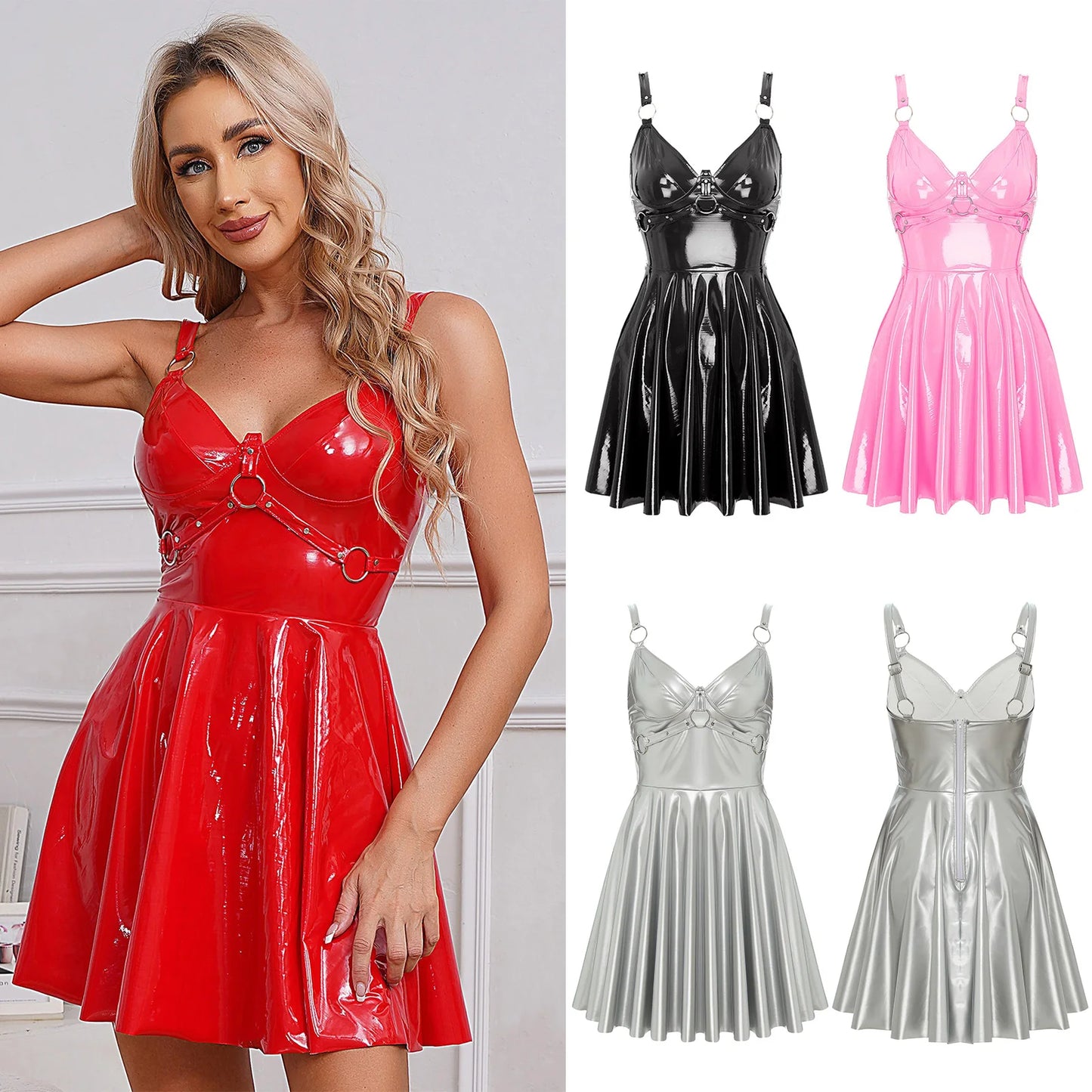 Women's Wet Look Patent Leather Dress O-Ring Rivets Strappy Latex Shiny Vinyl Slip Dress Outfit Gothic Party Dress Clubwear